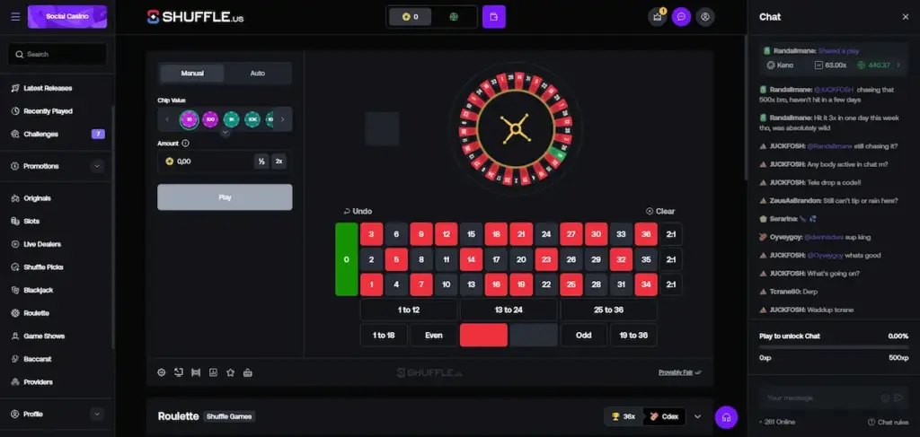 Shuffle US Review screenshot showing the Shuffle.us roulette game interface with chat panel