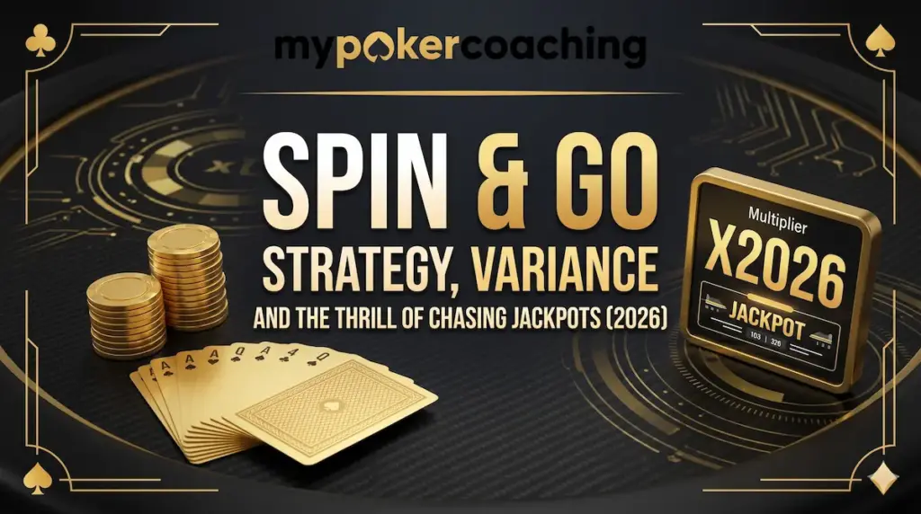 Clean black banner for MyPokerCoaching showing Spin and Go poker strategy text with cards and chips.
