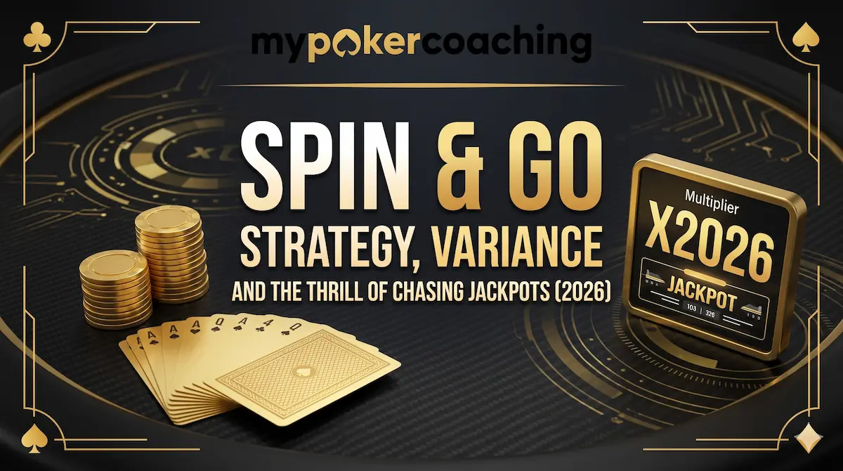 Clean black banner for MyPokerCoaching showing Spin and Go poker strategy text with cards and chips.