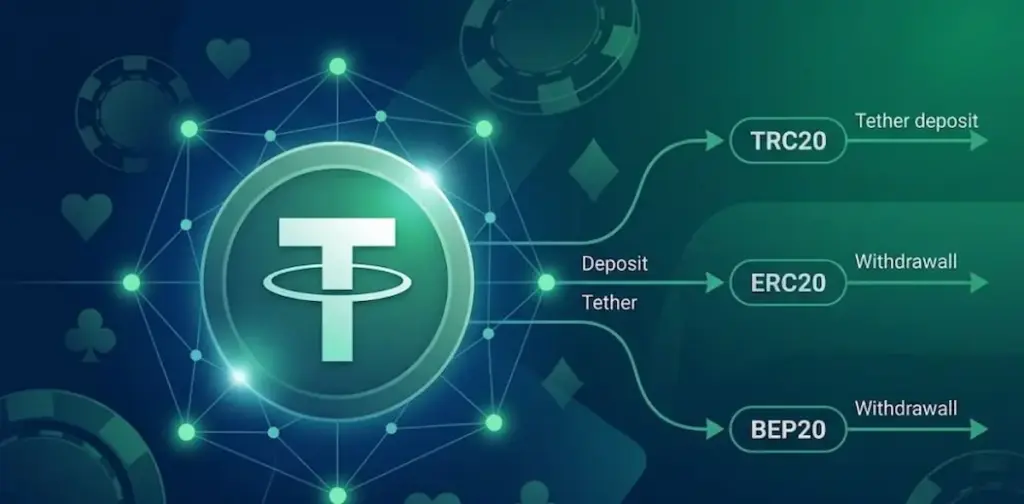 USDT casino payment guide visual showing Tether, crypto network routes, and online casino deposit and withdrawal concepts