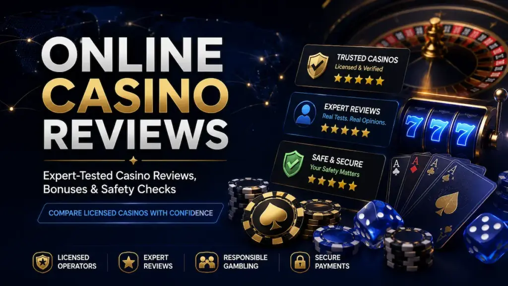 Best online casino review hero image featuring expert-tested casino comparisons, safety checks, bonuses, and secure payment methods.
