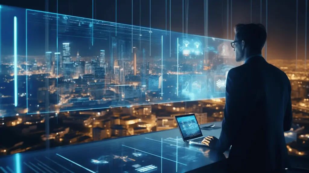 Poker player looking at a massive futuristic holographic screen displaying complex poker solver data and charts.