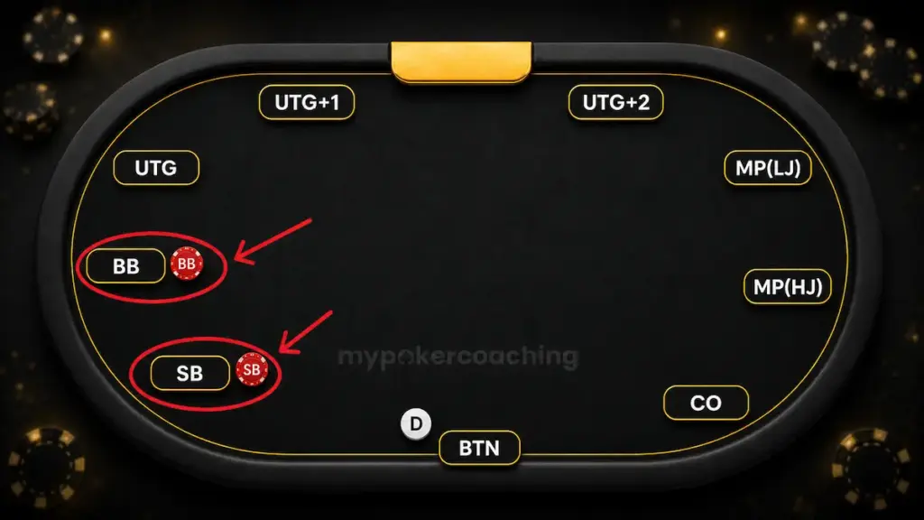 Poker table diagram highlighting the small blind and big blind positions with red arrows and circles.