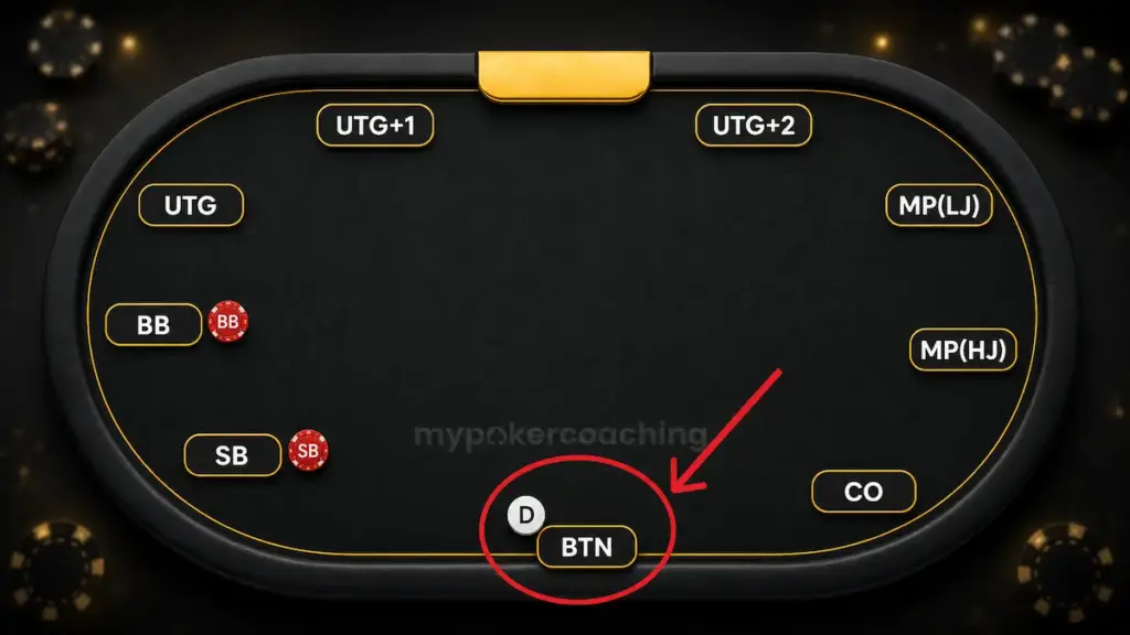 Poker table positions diagram showing BTN, SB, BB, UTG, UTG+1, UTG+2, MP, and CO.