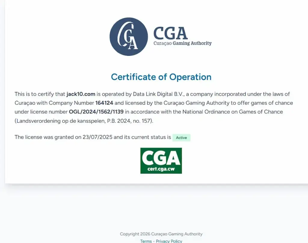 Jack Casino license certificate screenshot used to support a Jack Casino promo code review