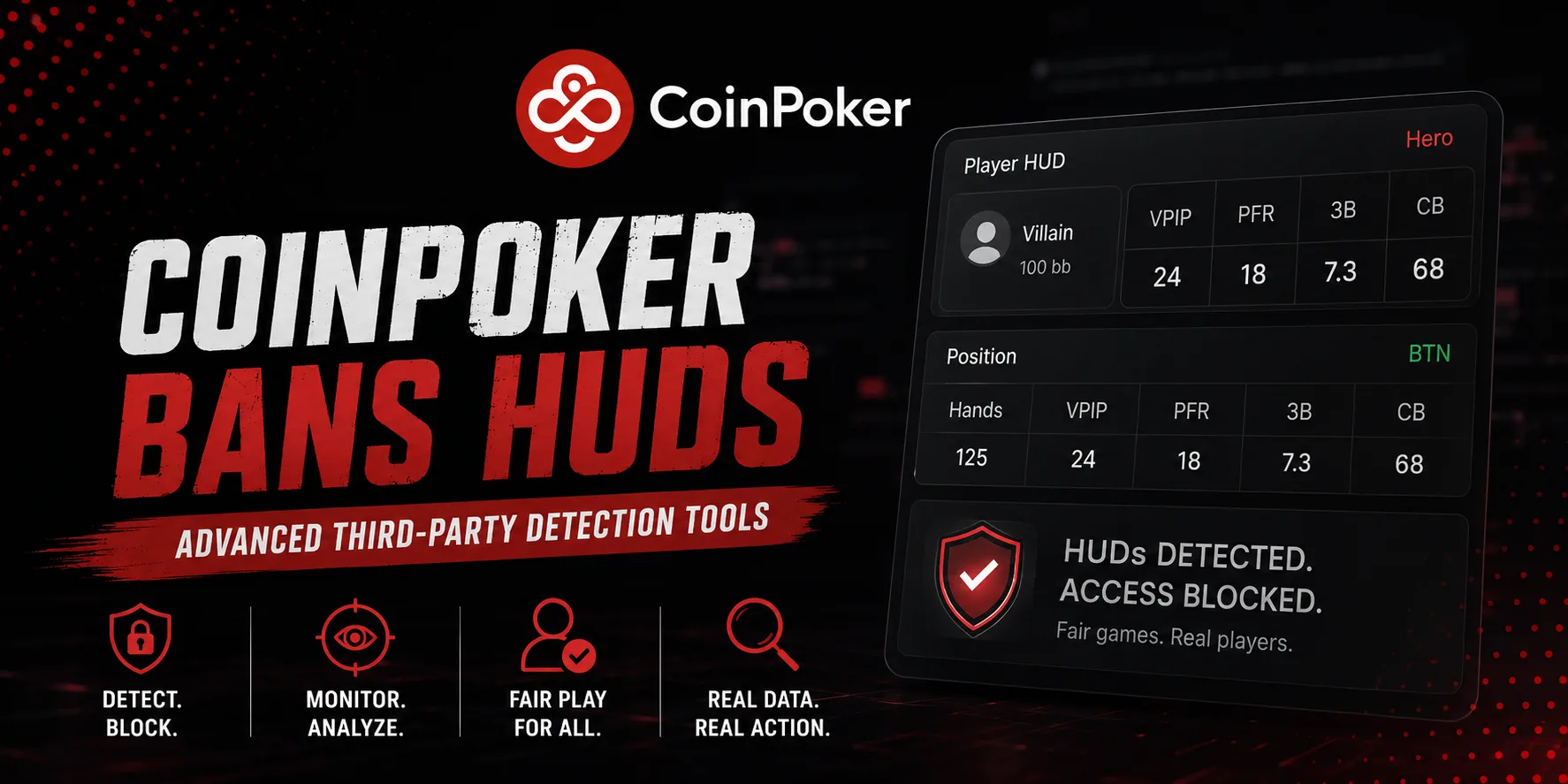 CoinPoker bans HUDs promotional graphic showing advanced third-party detection tools blocking player statistics.