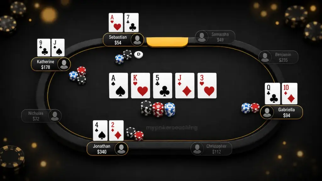Online poker table showing player positions, hole cards, community cards, chip stacks, and a dealer button.