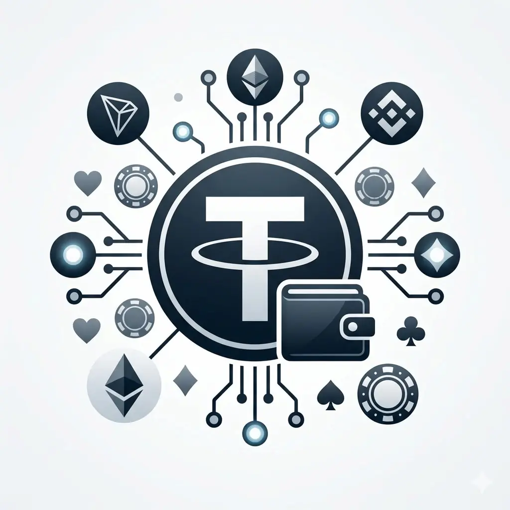 Square featured image for a USDT casino guide with Tether payment, wallet, and blockchain network risk visuals