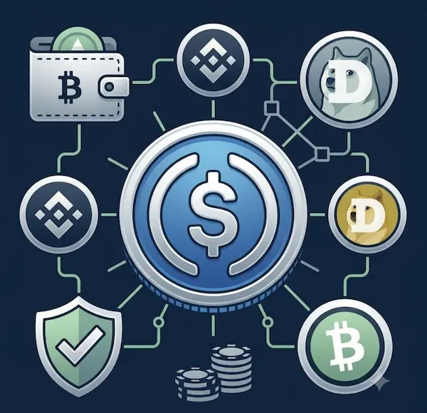 Square featured image for a USDC casino payment guide with BNB, DOGE, BCH, crypto wallet, and network risk visuals