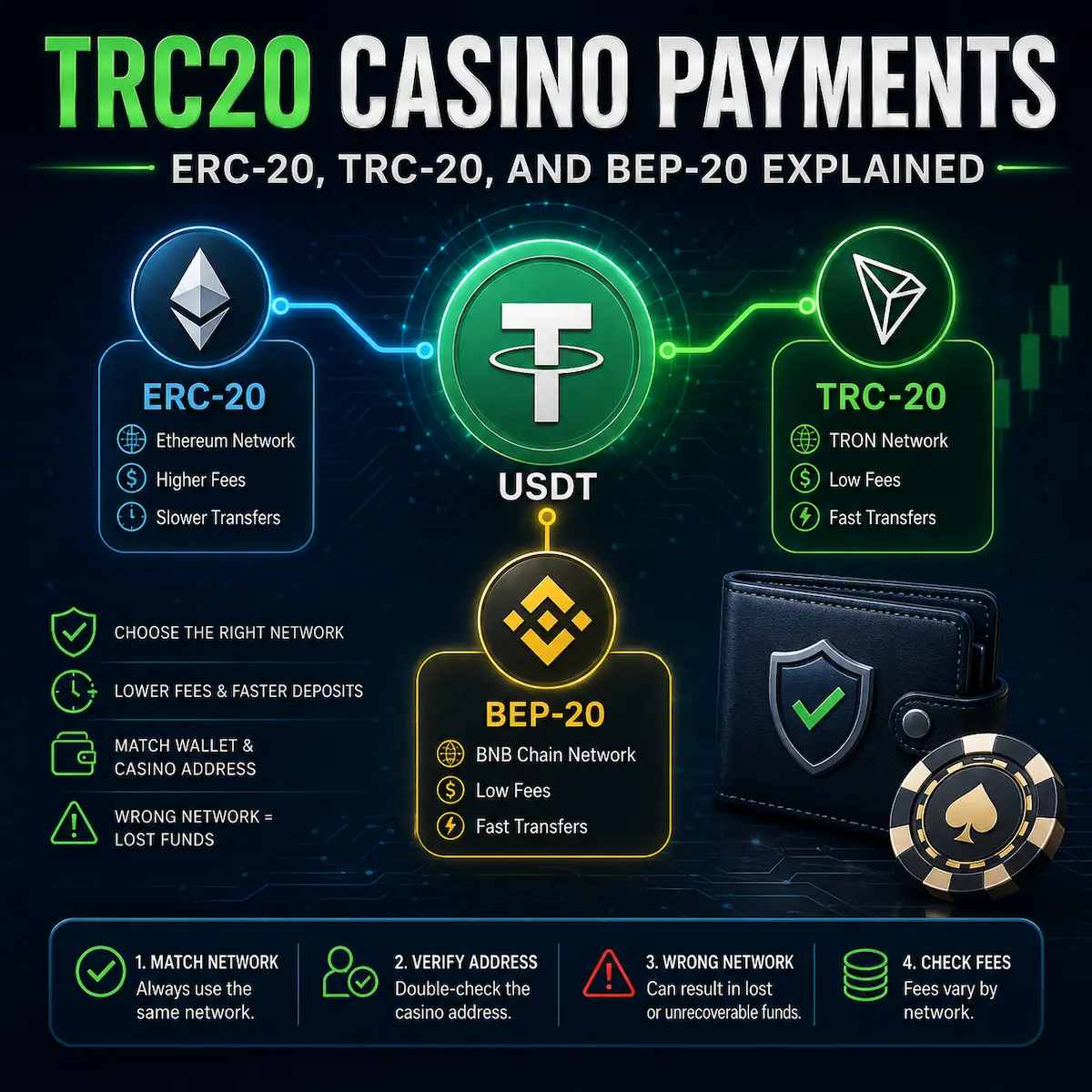 Square TRC20 casino payment image with USDT, ERC-20, TRC-20, BEP-20 network routes, and wrong-network crypto transfer warning concept