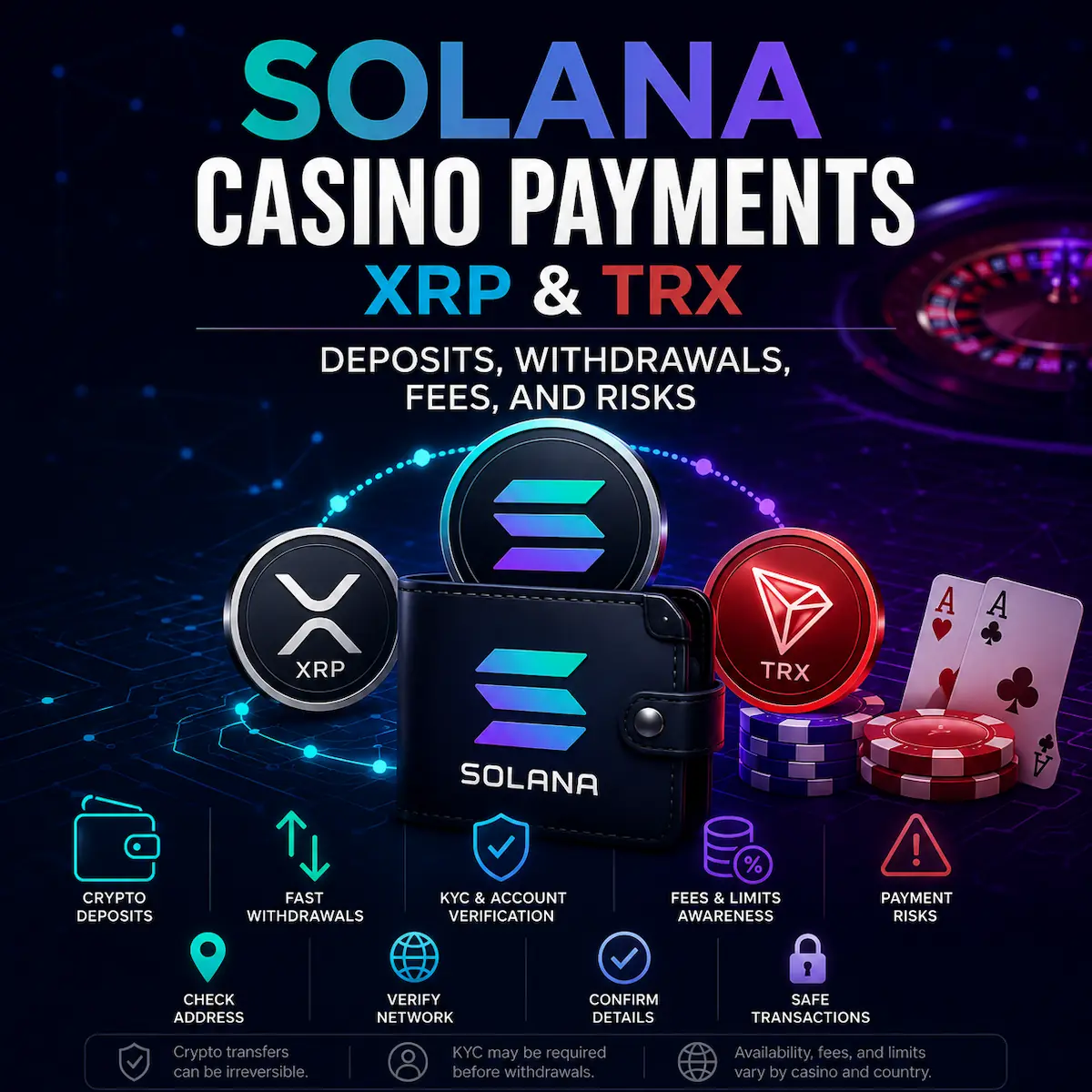 Square featured image for a Solana casino payments guide with XRP, TRX, wallet, and crypto network risk visuals