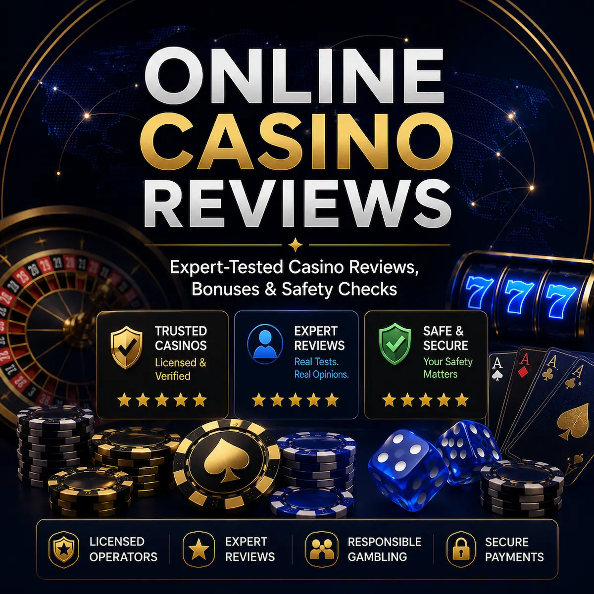 Best online casino review hero image featuring expert-tested casino comparisons, safety checks, bonuses, and secure payment methods.