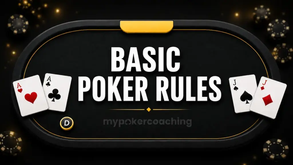 Featured image with a modern poker table, pocket aces, pocket jacks, dealer button, and the text Basic Poker Rules.