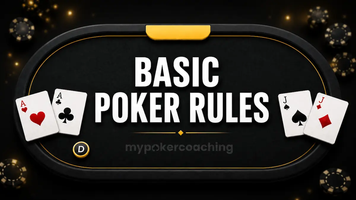 Featured image with a modern poker table, pocket aces, pocket jacks, dealer button, and the text Basic Poker Rules.