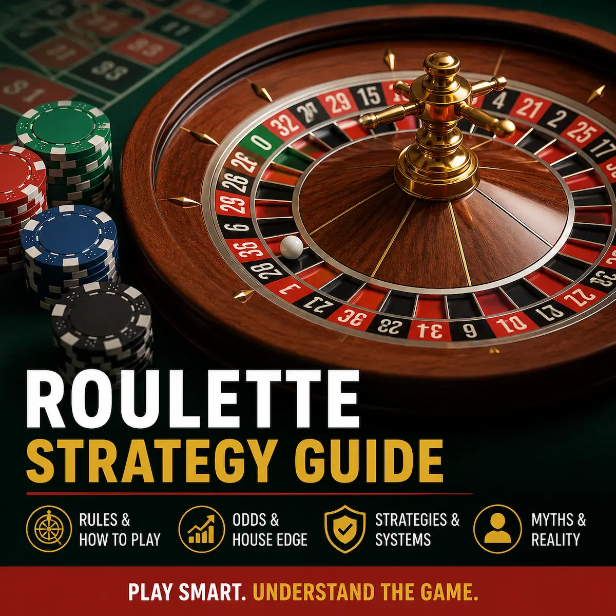 Square featured image showing a roulette wheel, casino chips, and guide-style text for roulette strategy, rules, odds, and myths.
