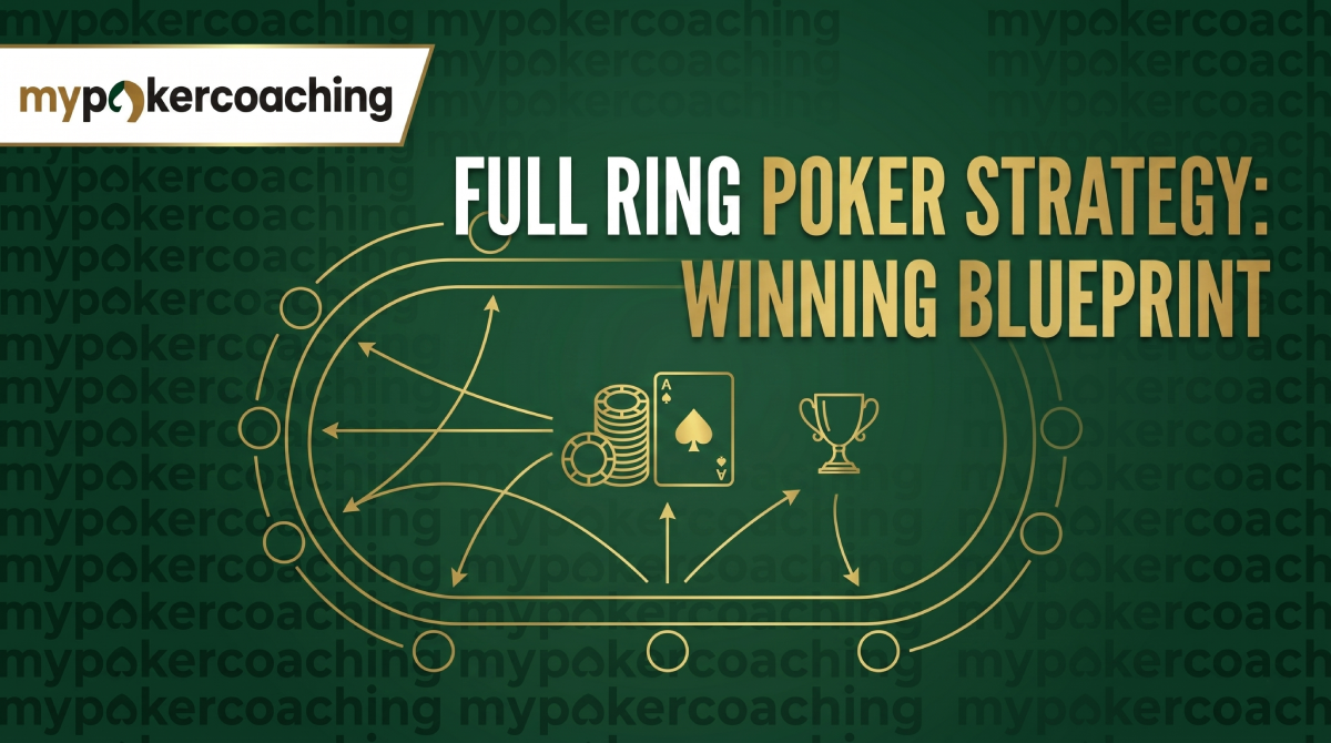 Featured banner for MyPokerCoaching titled Full Ring Poker Strategy: Winning Blueprint, displaying a golden diagram of a 9-handed poker table with strategic arrows.