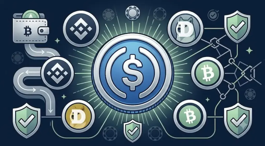 USDC casino guide visual showing USD Coin, BNB, Dogecoin, Bitcoin Cash, crypto wallets, and online casino payment risks