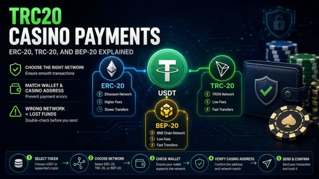 TRC20 casino payment guide visual showing USDT network routes, ERC-20, TRC-20, BEP-20, wallet matching, and crypto deposit risk
