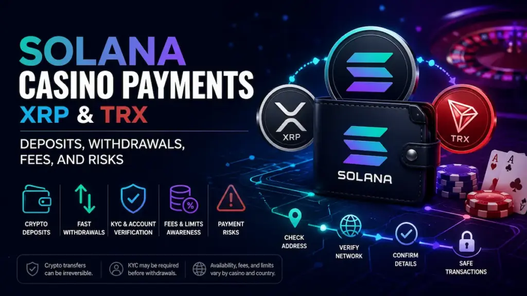 Solana casino payment guide visual showing Solana, XRP, and TRX crypto deposit and withdrawal concepts