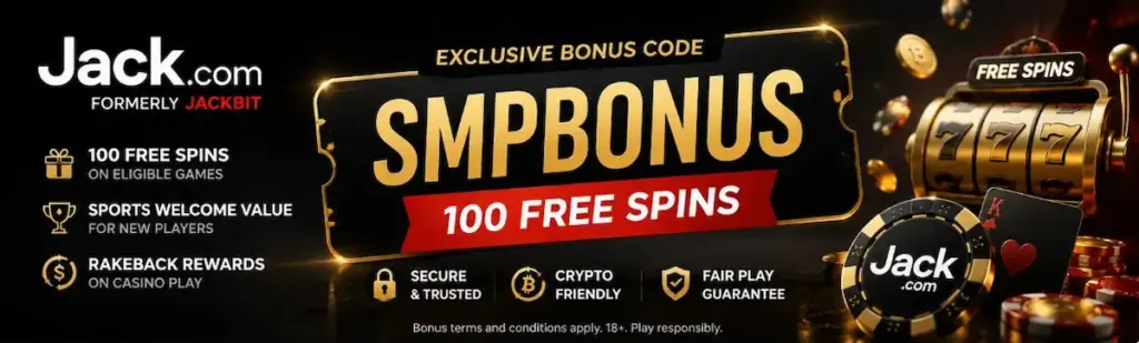 Jack Casino promo code SMPBONUS hero image for Jack.com, formerly Jackbit, showing 100 free spins and bonus code details