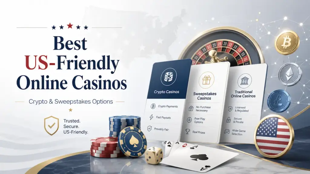 Best US-friendly online casinos guide showing crypto casino, sweepstakes casino, and secure online casino comparison elements.