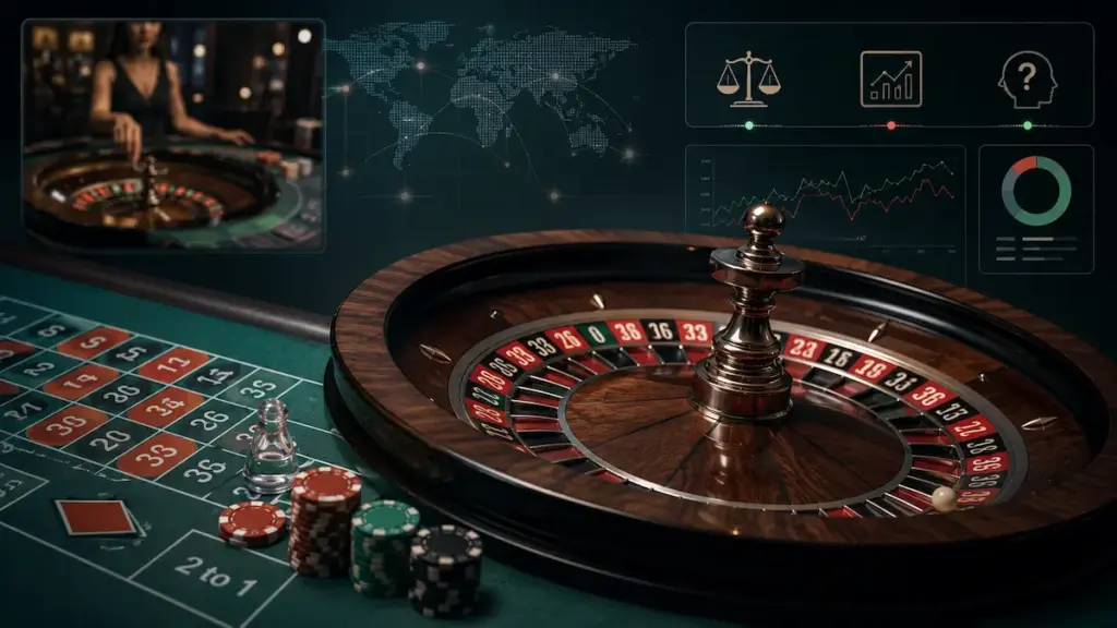 Roulette wheel with casino chips, live roulette visuals, and strategy analytics for a best roulette betting strategy guide.