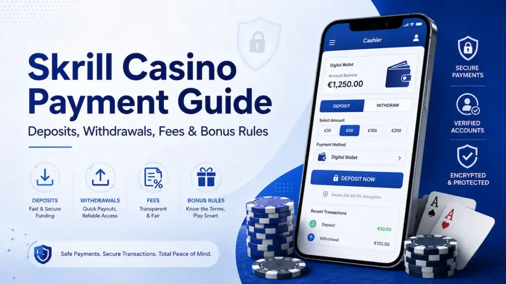 Skrill casino payment guide showing e-wallet deposits, withdrawals, fees, and bonus rules