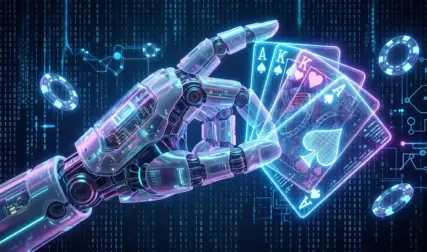 Futuristic robotic hand holding glowing neon poker cards representing modern poker AI technology.