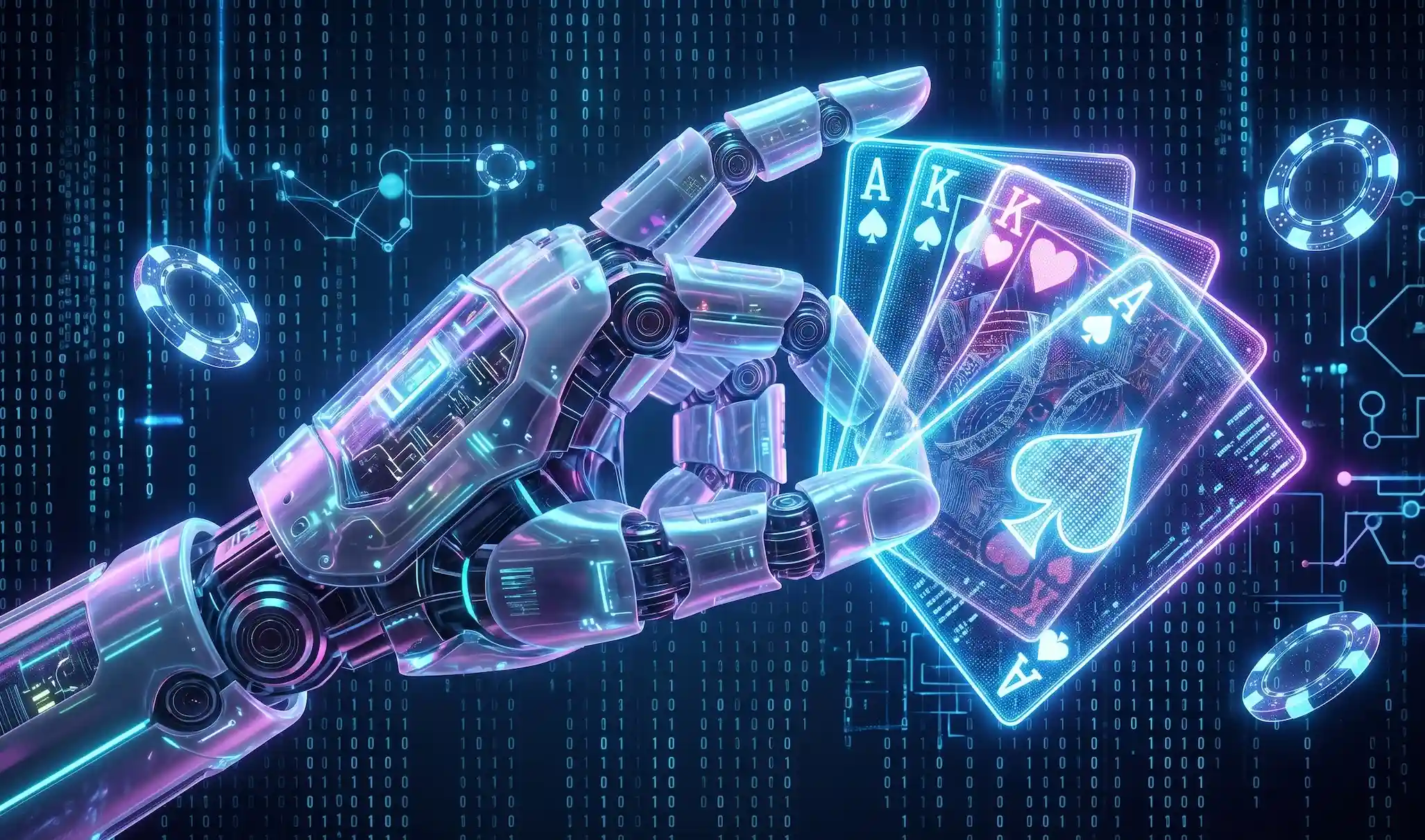 Futuristic robotic hand holding glowing neon poker cards representing modern poker AI technology.