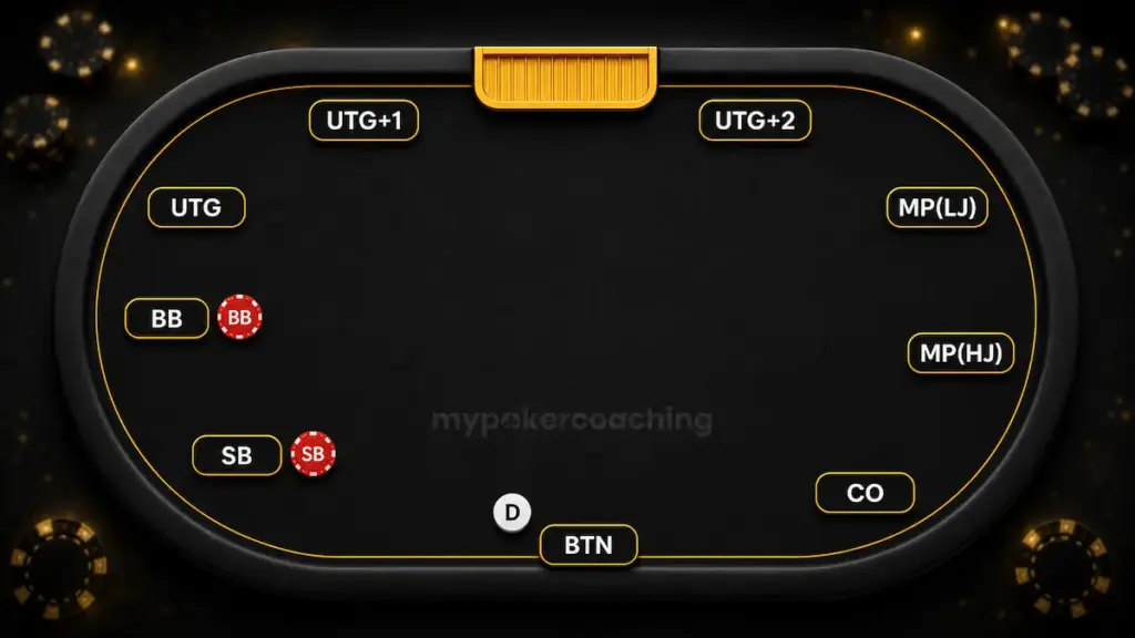 Poker table positions diagram showing BTN, SB, BB, UTG, UTG+1, UTG+2, MP, and CO seats.