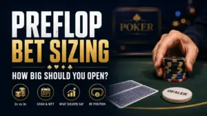 Preflop bet sizing strategy guide cover with poker chips, hole cards, and a dealer button