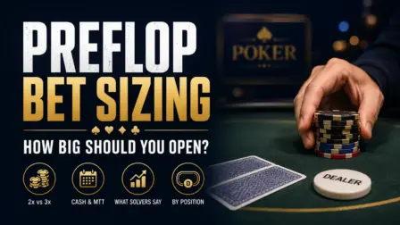 Preflop bet sizing strategy guide cover with poker chips, hole cards, and a dealer button