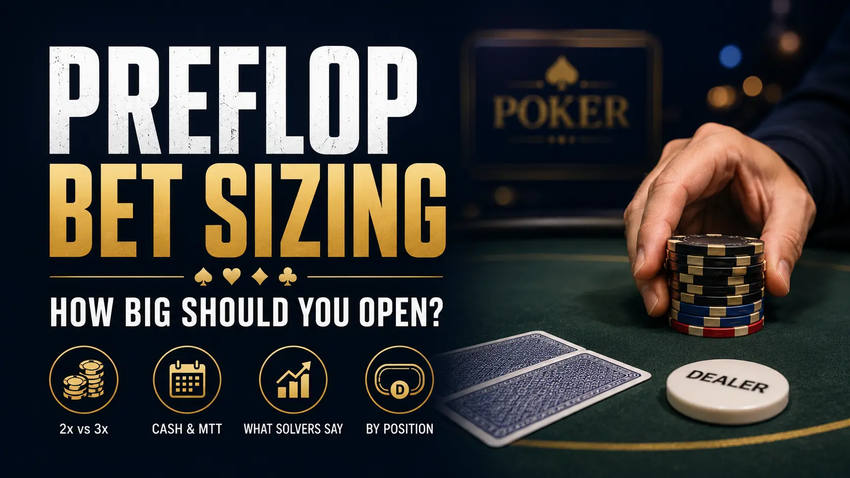 Preflop bet sizing strategy guide cover with poker chips, hole cards, and a dealer button