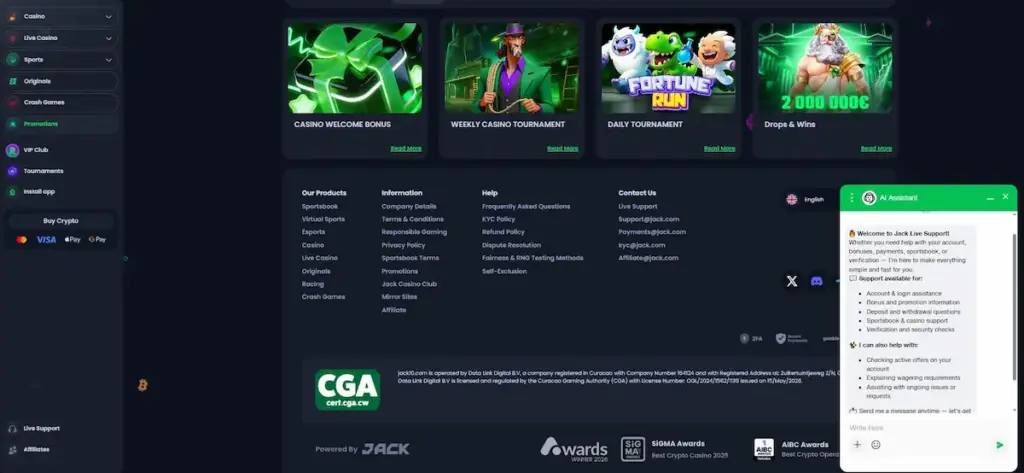 Jack Casino promo code review screenshot showing promotions, welcome bonus cards, support chat, and footer trust details