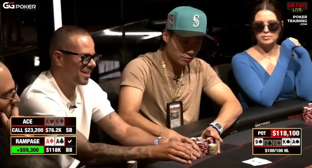 Rampage Poker winnings surge after a dramatic Aces vs Kings cooler during a Hustler Casino Live cash game session.