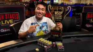 Rampage Poker winnings reach $1.57 million across four Hustler Casino Live sessions as Ethan Yau poses with the High Stakes Live trophy.