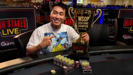 Rampage Poker winnings reach $1.57 million across four Hustler Casino Live sessions as Ethan Yau poses with the High Stakes Live trophy.