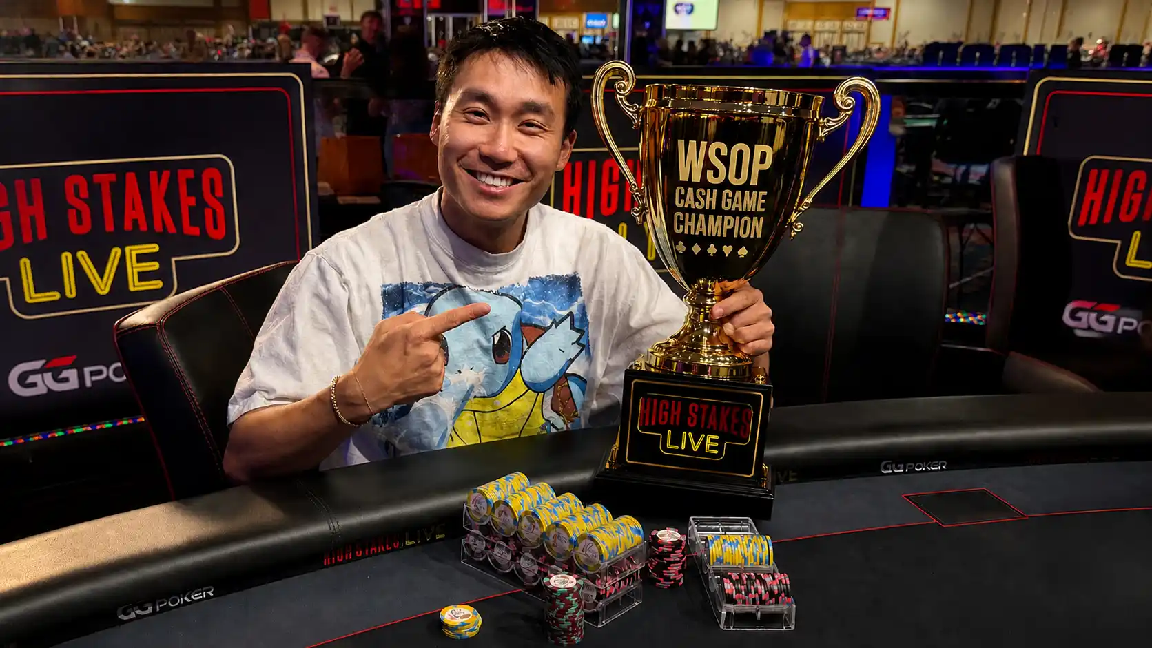 Rampage Poker winnings reach $1.57 million across four Hustler Casino Live sessions as Ethan Yau poses with the High Stakes Live trophy.