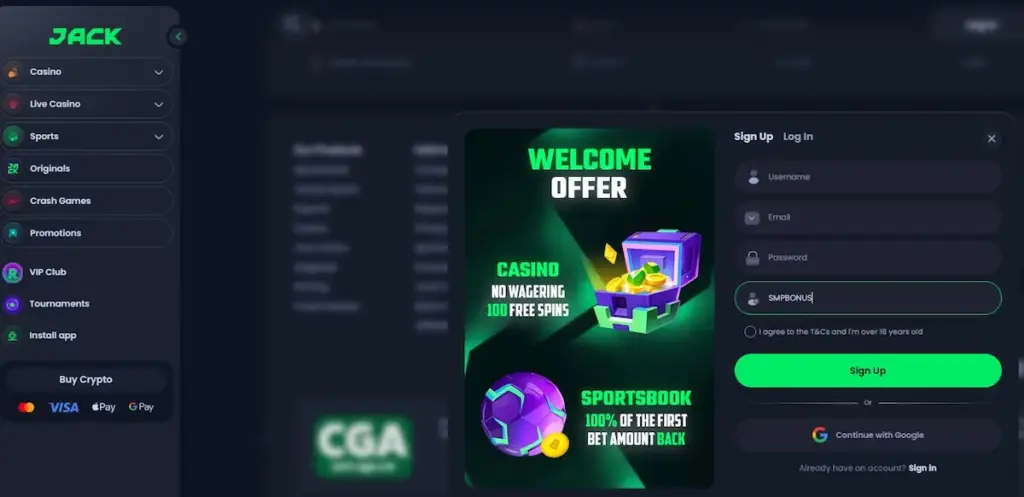 Jack Casino promo code SMPBONUS entered in the Jack.com registration form during sign up