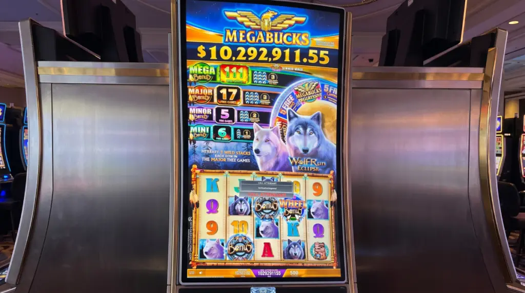 Westgate Las Vegas Megabucks slot machine screen showing ten million dollar jackpot win