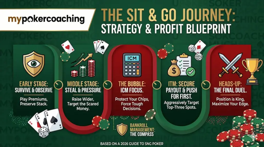 Infographic titled 'The Sit & Go Journey: Strategy & Profit Blueprint' detailing the five stages of an SNG tournament: Early Stage, Middle Stage, The Bubble, In The Money (ITM), and Heads-Up.