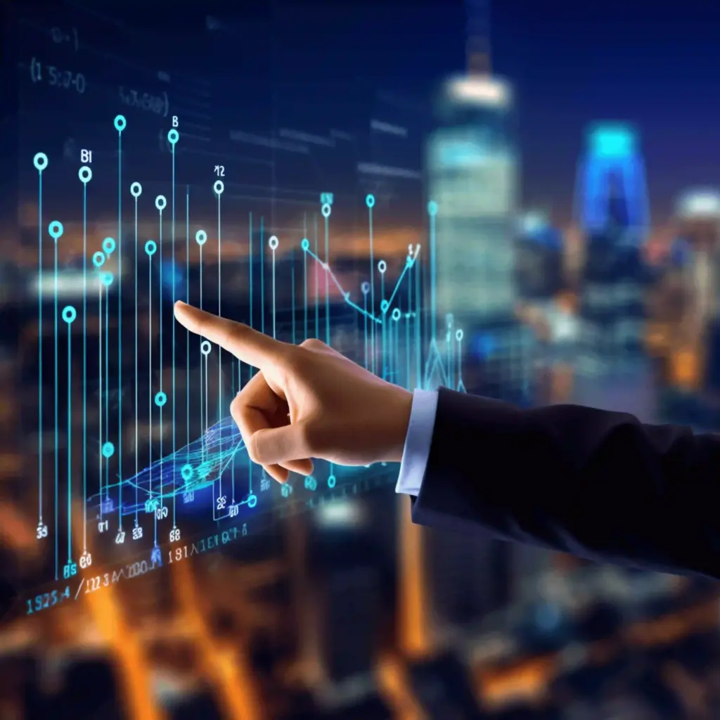 Hand pointing at interactive digital graphs and data points representing GTO poker strategy and frequencies.