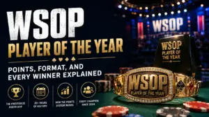 WSOP Player of the Year trophy and diamond-encrusted gold bracelet on a poker table