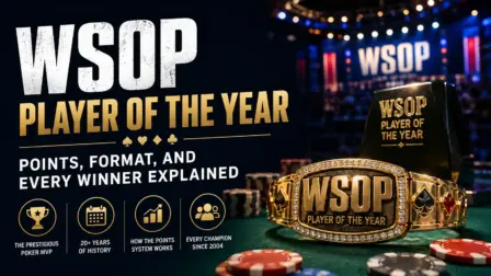 WSOP Player of the Year trophy and diamond-encrusted gold bracelet on a poker table