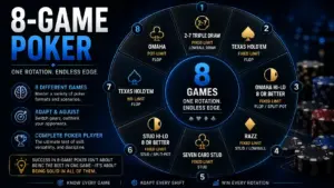 A circular rotation wheel displaying the order and rules of the 8-Game poker mix, including Triple Draw, Hold'em, Omaha, Stud, and Razz.