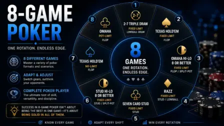 A circular rotation wheel displaying the order and rules of the 8-Game poker mix, including Triple Draw, Hold'em, Omaha, Stud, and Razz.