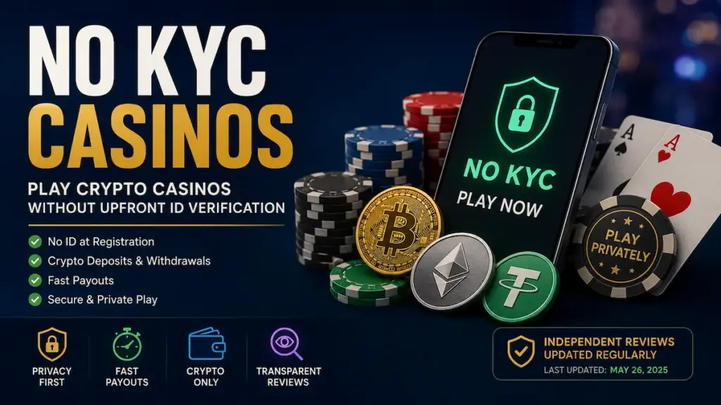 No KYC casinos hero image with crypto coins, casino chips, playing cards, and a mobile security symbol