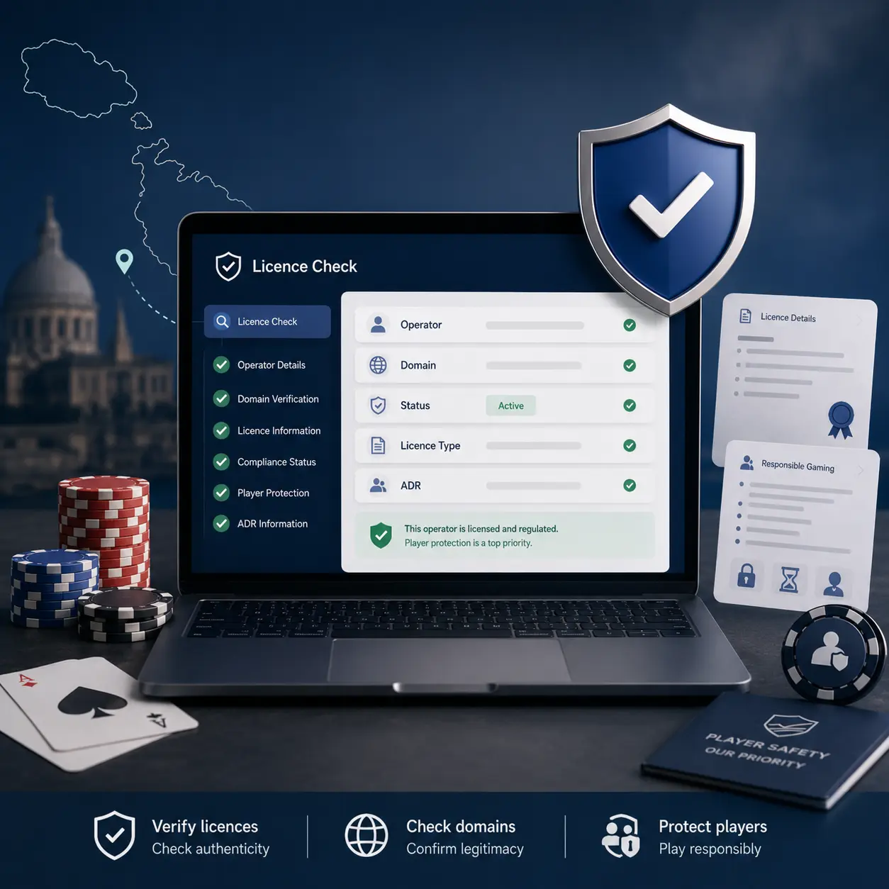 MGA casino license verification checklist with Malta map, shield, and approved domain symbols