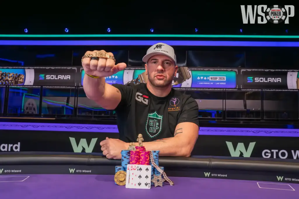 Michael Mizrachi holds up his ninth WSOP bracelet after winning the 2026 PLO Championship