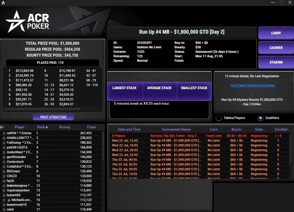 ACR Poker lobby showing the $1M guaranteed Run Up Series Mystery Bounty tournament